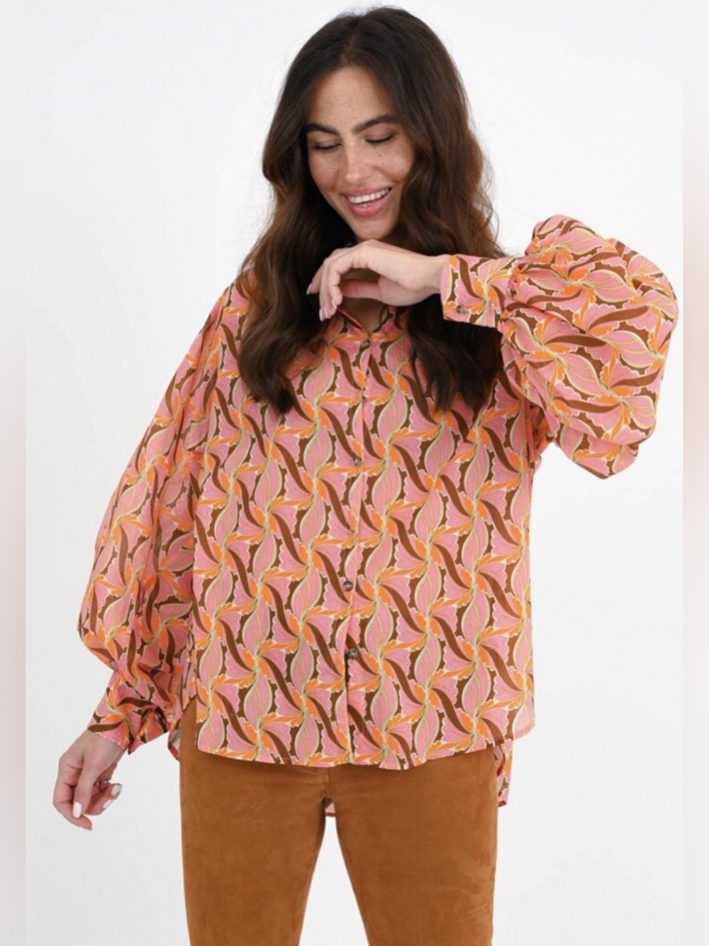 Devotion Twins Pink Orange Boho Blouse Size M Balloon Sleeve Printed Top